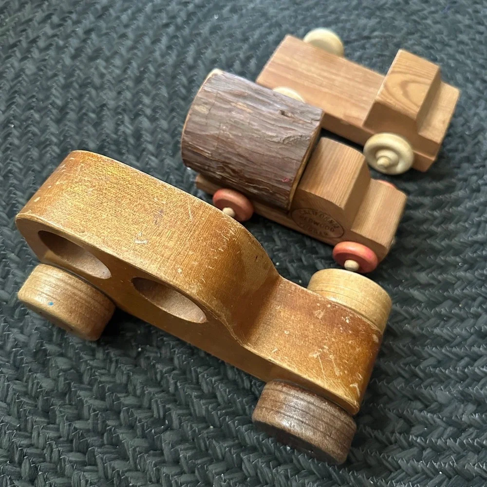 Vintage Primitive Handcrafted California Redwood Wooden Toy Car and Truck Set